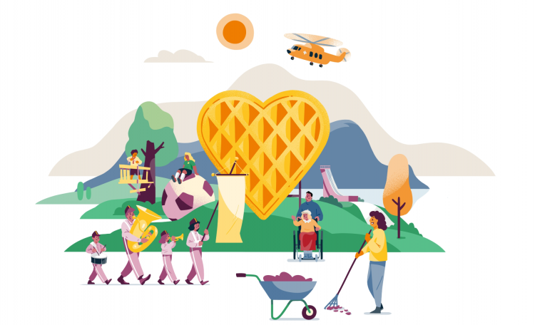 Et illustrasjonsbildet som skal vise mangfoldet av frivillighet i Norge; alt fra de som steker vafler, til korps, de som hjelper eldre og så videre.