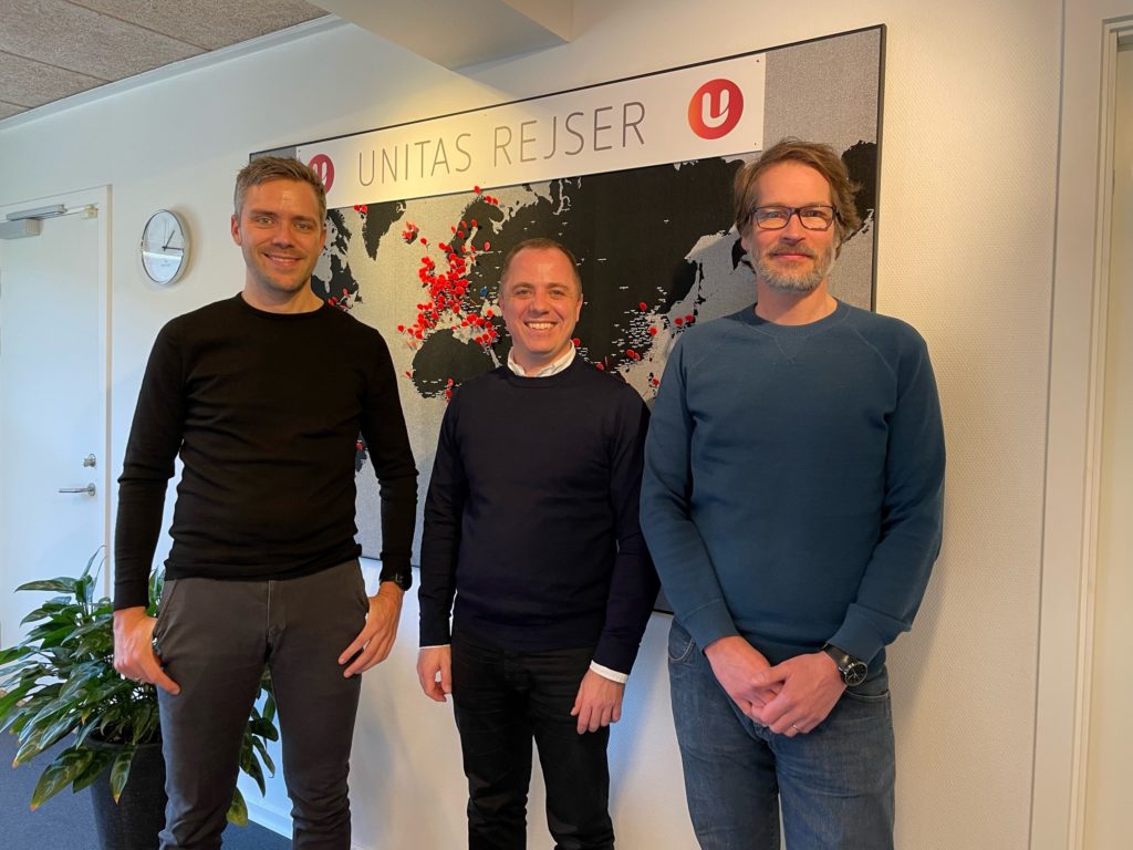 Bilde av ansatte i Unitas Reiser. Fra venstre: Morten Damgaard, Christian Bjerre og Jacob Jensen.