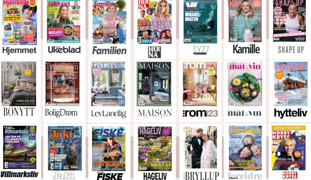Bilde av alle magasiner som Egmont gir ut. 