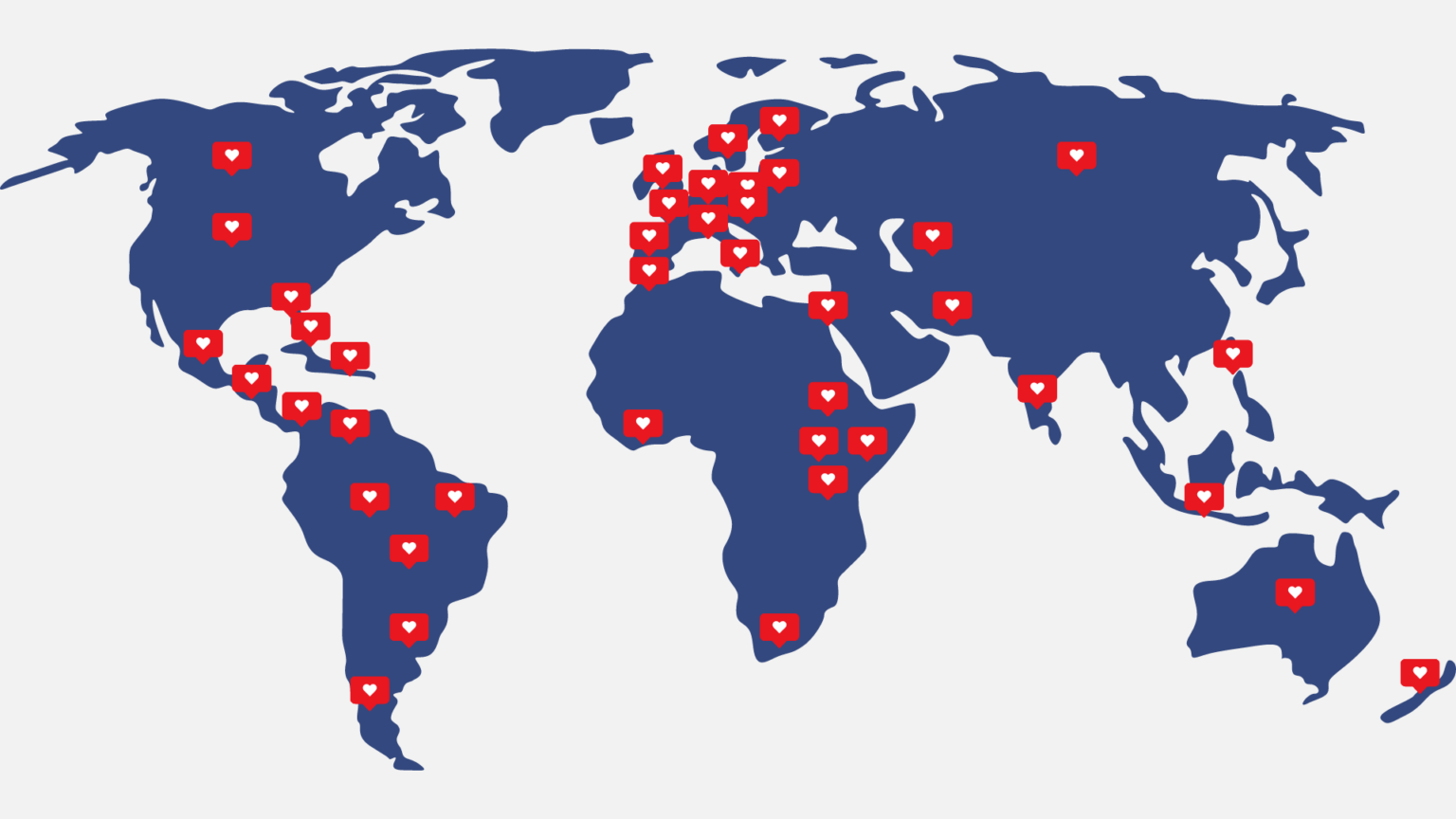 Verdenskart med hjerter plassert i alle land GivingTuesday finnes.